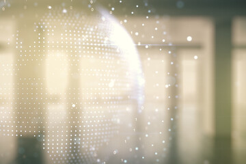 Poster - Double exposure of abstract digital world map hologram on empty room interior background, big data and blockchain concept