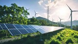 Fototapeta Desenie - Solar energy panel photovoltaic cell and wind turbine farm power generator in nature landscape 