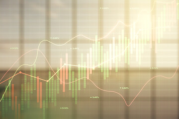 Aufkleber - Multi exposure of virtual abstract financial graph interface on modern interior background, financial and trading concept