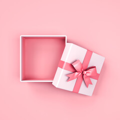Aufkleber - Blank sweet pink present box or top view of open gift box with pink ribbon and bow isolated on pink pastel color background with shadow minimal for valentines day concepts 3D rendering