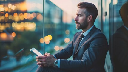 Poster - thinking, networking or business man on tablet for invest strategy, finance growth or financial revi