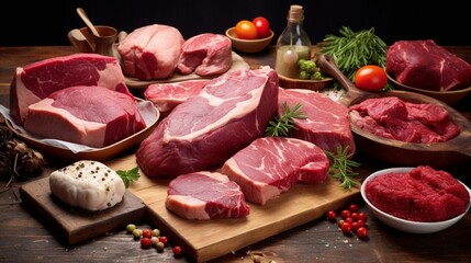 Variety of raw meat on the table