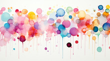 Abstract Multicolored Polka Dots Watercolor Ink Background. Irregular Splashes Of Ink, Round Paint Spots. Generative AI