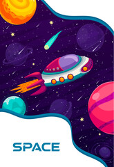 Poster - Space poster. Cartoon flying spaceship, galaxy planets and stars on dark sky vector background. Space travel, galaxy exploration and astronomy science banner, alien world fantasy universe and starship