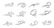 Doodle air wind motions, windy storm blows and hurricane flow waves and curls, vector icons. Wind cartoon effects in doodle line art, autumn wind blowing in speed motion, windy spiral clouds of breeze