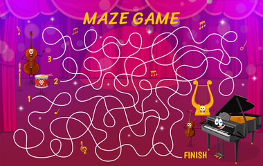 Aufkleber - Labyrinth maze with cartoon musical instruments on the stage. Help to instruments find friends vector game quiz worksheet. Music puzzle with cute piano, drum, violin, lyre, viola and tube characters