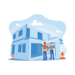 Wall Mural - Civil engineers and supervisors are on a commercial building construction site. Engineer using the laptop to check building design. Experts inspect retail building construction site concepts. 