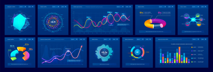 Poster - Dashboard data charts, graphs and info diagrams, vector infographics element. Presentation charts for finance report and business graphic charts, statistics bars, percent pies and flowchart diagrams