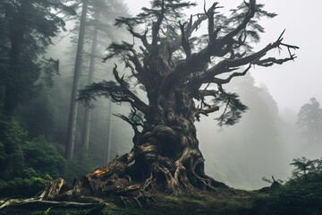 Poster - Mysterious dark forest with old tree. Fantasy landscape. 3d rendering, AI Generated