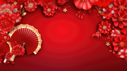 Wall Mural - Happy Chinese new year. Chinese new year banner with flowers and paper fans on red background. Greeting card.