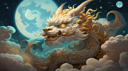 Wall Mural - Happy Chinese new year. Chinese new year banner Golden dragon in the sky