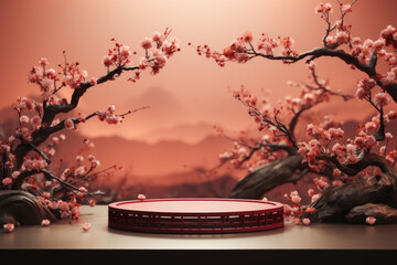 Wall Mural - Podium round stage podium and art Chinese new year, flower and asian elements with craft style on background