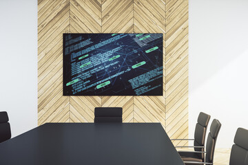 Poster - Abstract creative coding illustration on tv display in a modern presentation room, software development concept. 3D Rendering