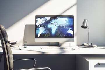 Aufkleber - Modern computer monitor with abstract digital world map, research and strategy concept. 3D Rendering