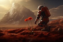 Astronaut With A Red Flower In His Hand. 3D Rendering, AI Generated