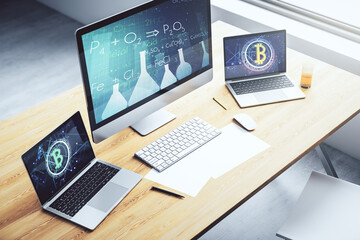 Poster - Creative chemistry illustration on modern computer monitor, science and research concept. 3D Rendering