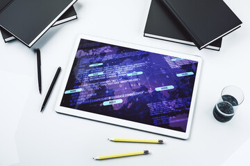 Poster - Abstract creative coding concept with world map on modern digital tablet screen. Top view. 3D Rendering