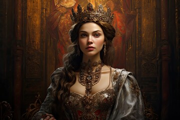 Poster - Portrait of a beautiful young woman in medieval dress and crown over dark background, AI Generated