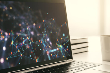 Aufkleber - Creative abstract wireless technology hologram on modern computer monitor, artificial intelligence and machine learning concept. 3D Rendering