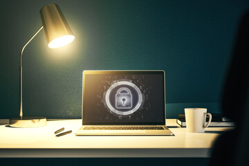 Aufkleber - Computer monitor with creative light lock illustration and microcircuit, cyber security concept. 3D Rendering