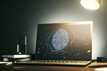 Poster - Modern computer display with abstract graphic fingerprint sketch, fingerprint scan data concept. 3D Rendering