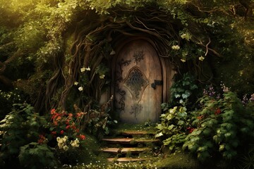 Wall Mural - 3D rendering of the old wooden door in the garden with flowers, AI Generated