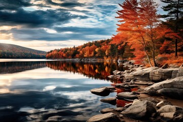 Sticker - Autumn landscape with a lake and colorful forest. HDR image, AI Generated