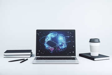 Poster - Computer monitor with abstract graphic digital world map with connections, globalization concept. 3D Rendering