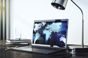 Leinwandbilder - Modern computer monitor with abstract digital world map, research and strategy concept. 3D Rendering