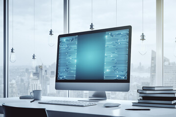 Aufkleber - Creative abstract micro chip hologram on modern computer monitor, artificial intelligence and machine learning concept. 3D Rendering