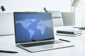 Poster - Abstract creative digital world map on modern laptop monitor, tourism and traveling concept. 3D Rendering