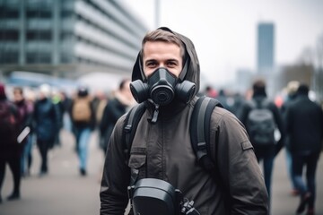 Sticker - Portrait of a young man in a gas mask in the city