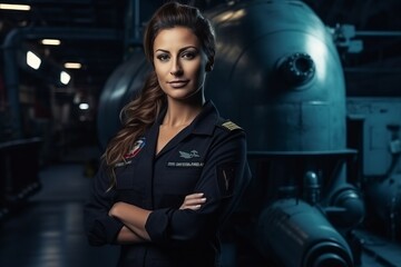 Poster - Portrait of a beautiful female pilot in uniform. Shot in a factory.