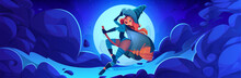 Young Woman Witch Flying On Broom In Sky At Night. Cartoon Vector Halloween Illustration Of Cute Female Smiling Character On Magic Broomstick On Background Of Dark Blue Sky With Clouds And Full Moon.