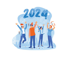 Wall Mural - happy people celebrating the new year 2024. having a party with fireworks and throwing confetti. hap