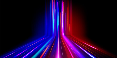 Poster - Neon glowing fiber with high speed motion effect. Blue and red line streaks of data network or energy flow. Realistic vector illustration of modern technology particle with fast luminous movement.