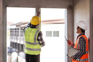 Asian people, two man, holding blueprints Structural engineers examine structural plans for office buildings and housing developments on-site, discussing work at construction site.