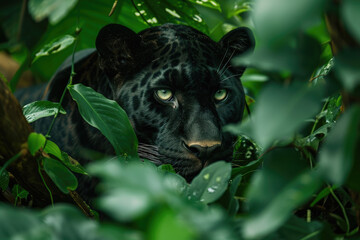 A blackpanther is lurking behind the leaves in the rain forest