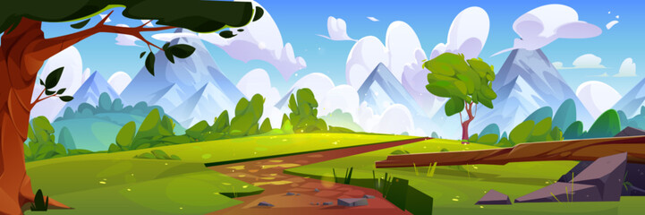 Wall Mural - Winding path in meadows with green grass, trees and bushes leading to rocky mountains. Summer natural landscape with hills and field, trail and blue sky with clouds. Cartoon vector illustration.