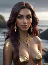 Enchanting Mermaid - A Stunning South Asian Mermaid With Coily Hair And Grey Eyes, Radiating Classic Elegance In A Surreal 8K Digital Art Gen AI