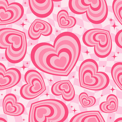 y2k seamless pattern with hearts. retro abstract groovy background. pink funky vector wallpaper for 