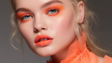 Beauty Sexy girl with peach orange make-up. Beautiful woman face with bright make up. Peach fuzz palette colors. Colour trend 2024. Pantone Peach Fuzz 13-1023