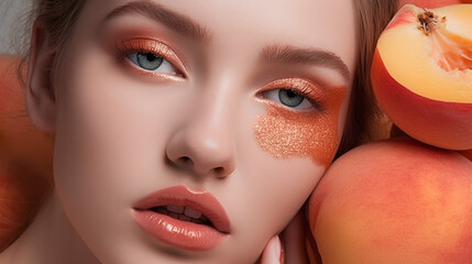 Wall Mural - Portrait of beautiful girl with peach. Healthy skin and makeup. Beauty woman face with bright make up. Peach fuzz palette colors. Colour trend 2024. Pantone Peach Fuzz 13-1023