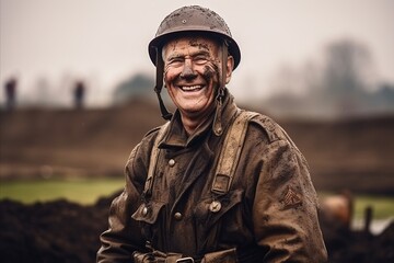 Wall Mural - Portrait of an old man in WW2 military uniform smiling at the camera