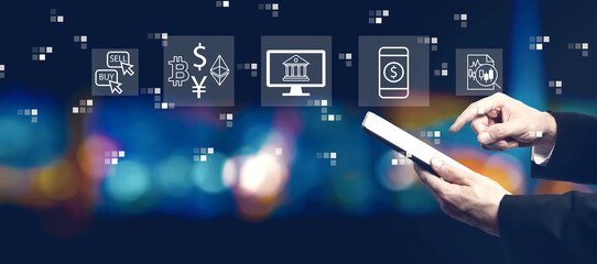 Poster - Cryptocurrency fintech theme with businessman using a tablet computer at night
