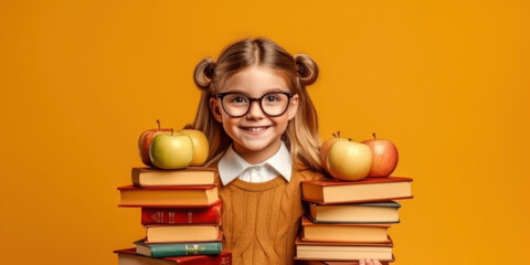 Wall Mural - Smiling child school girl with glasses hold books. Yellow background, Back to school consept.