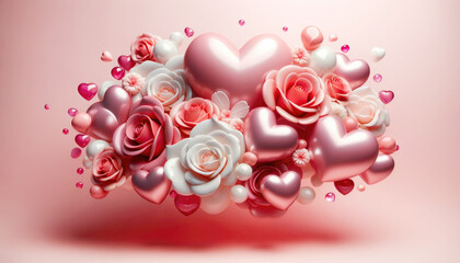Wall Mural - Festive composition from roses and hearts for Valentine's day on light pink background