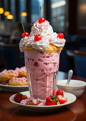 Wall Mural - Pink white chocolate milkshake with whipped cream,fresh berries and colorful sweet candy decor.Trendy freak or crazy cocktail.