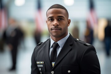 Poster - portrait of african american police officer in uniform on blurred background