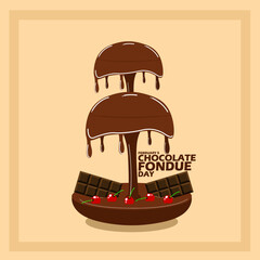 National Chocolate Fondue Day event banner. A fountain of liquid chocolate with chocolate bars and cherries, with bold text on light brown background to celebrate on February 5